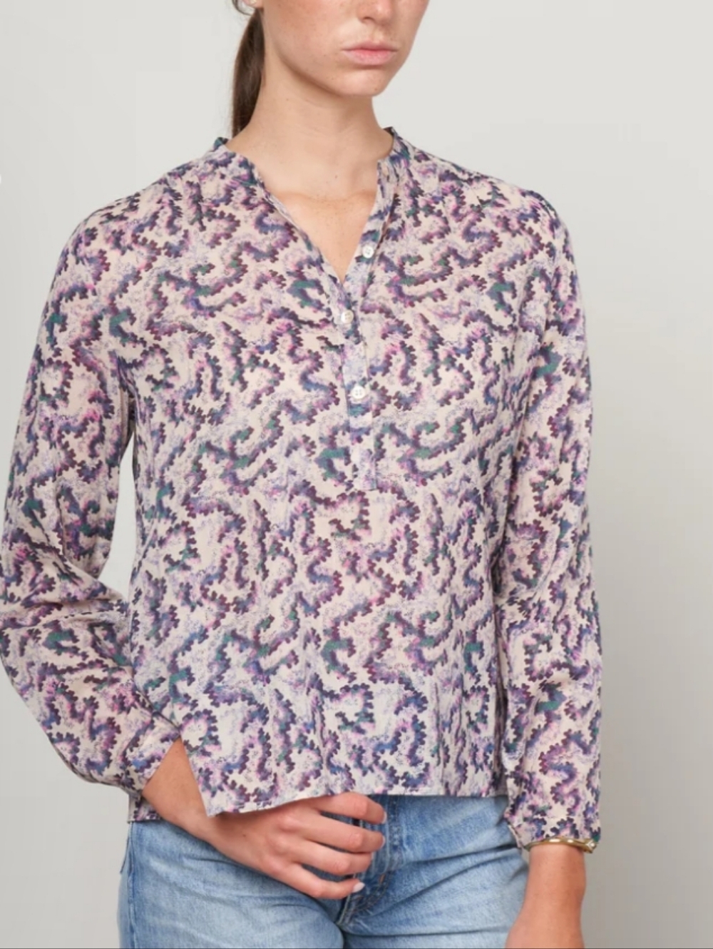 Isabel Marant Floral Maria Long Sleeve Cotton Voile Blouse in Light Pink/Purple